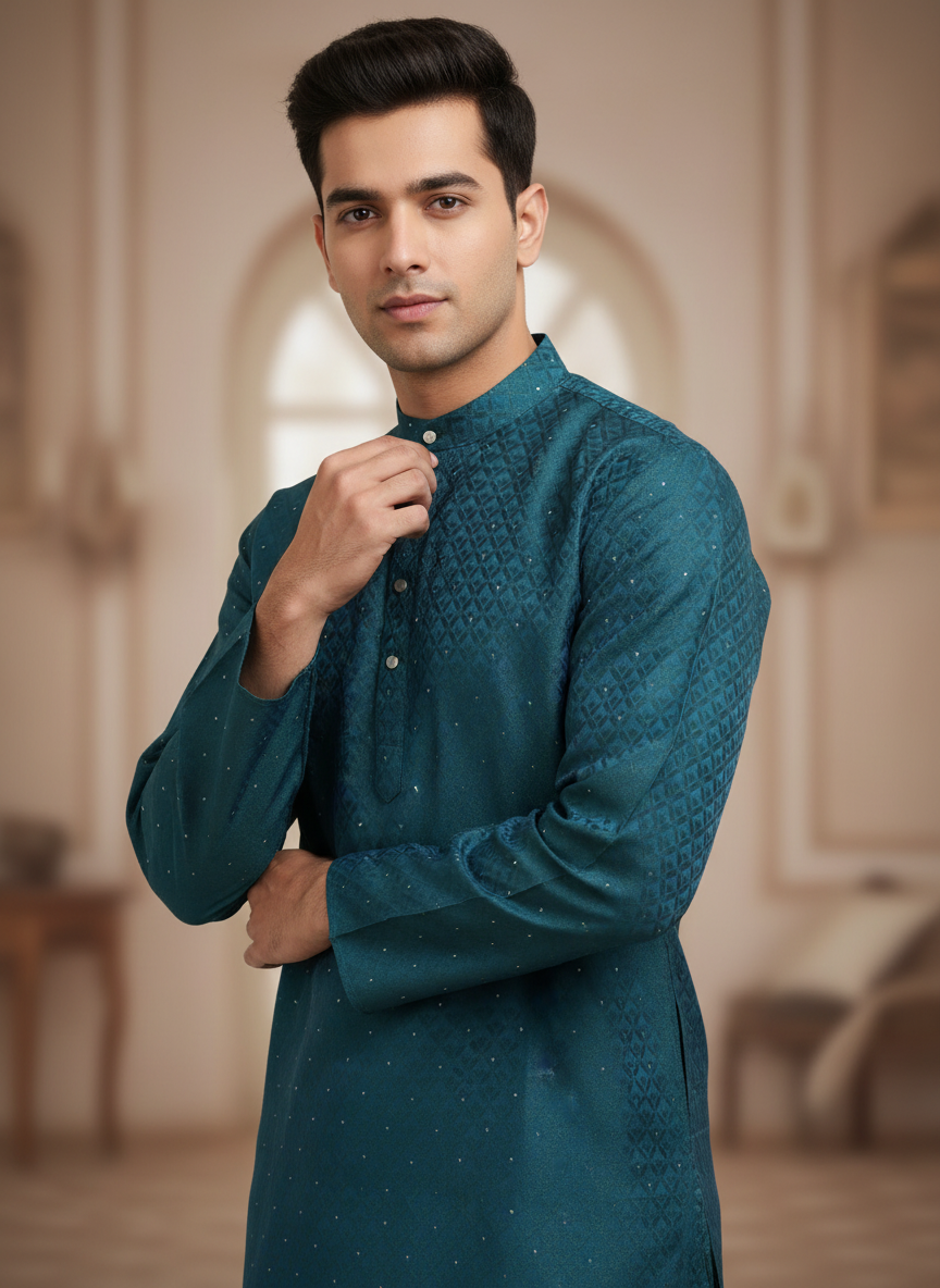 Tattva Men Ethnic Motifs Printed Mandarin Collar Straight Sequinned Kurta