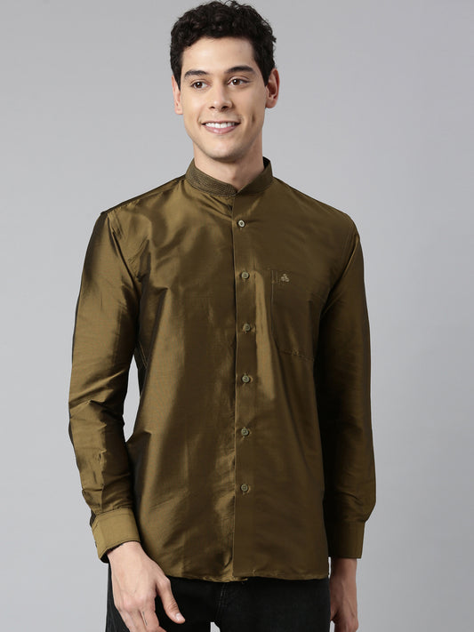 Buy Olive Color Art Silk Slim Fit Solid Party Shirt - Tattva.Life