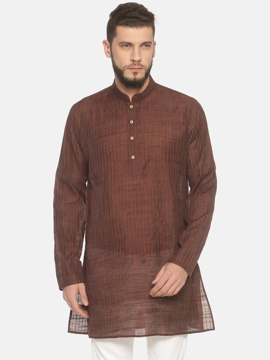 Buy Brown Cotton Striped Straight Short Kurta - Tattva.Life