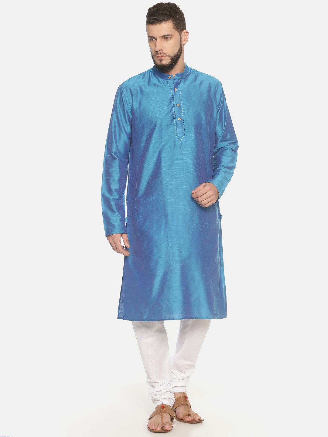 Buy Sky Blue Cotton Kurta With White Pyjamas - Tattva.Life