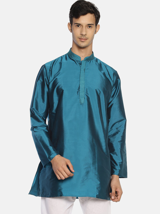 Buy Turquoise Polyester Silk Solid Straight Short Kurta - Tattva.Life