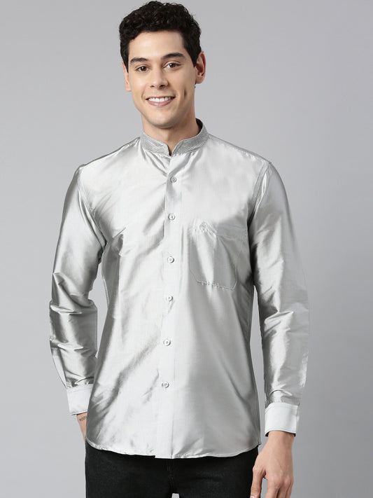 Buy Silver Color Art Silk Slim Fit Solid Party Shirt - Tattva.Life