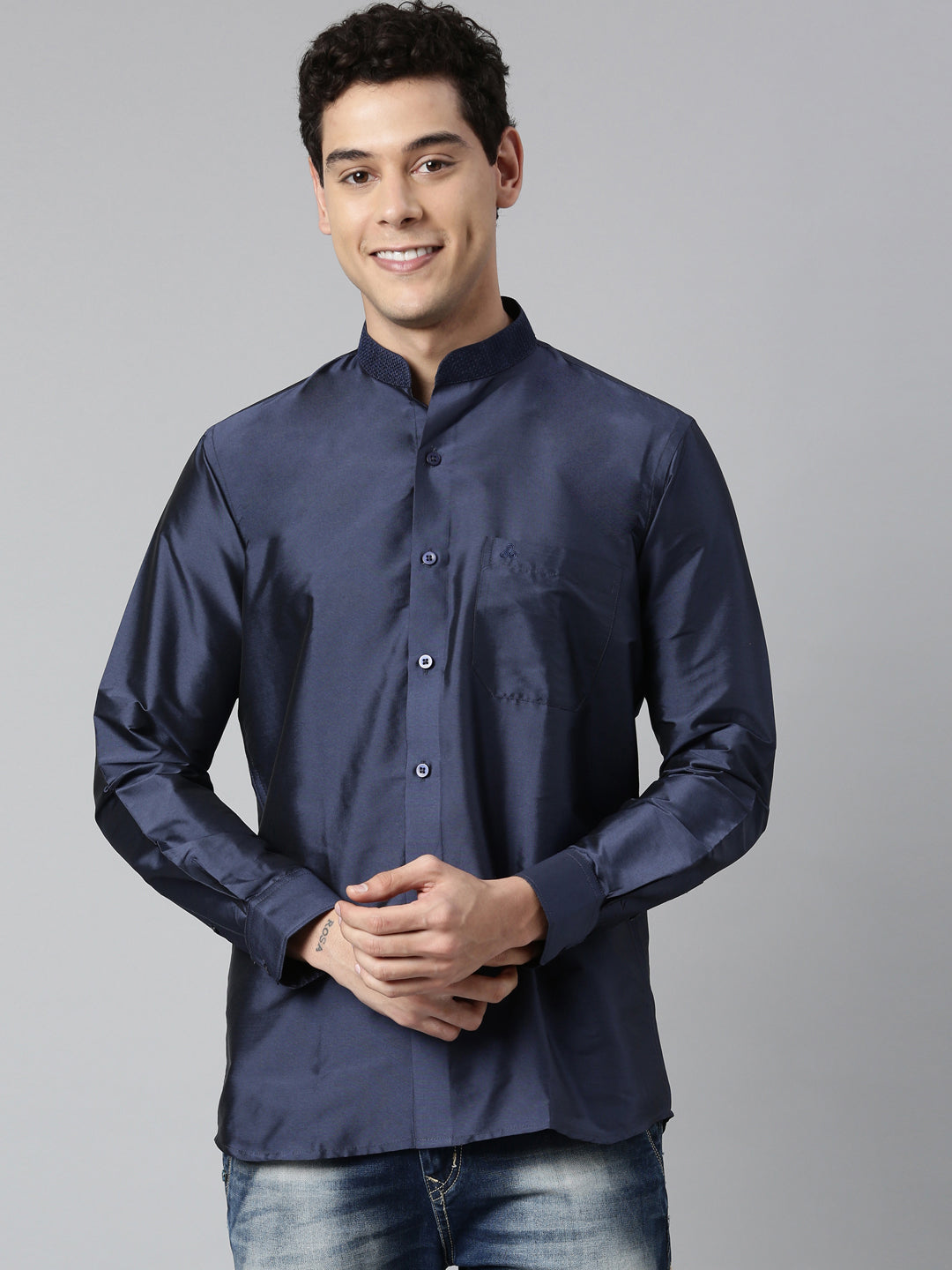 Buy Navy Blue Color Art Silk Slim Fit Solid Party Shirt - Tattva.Life