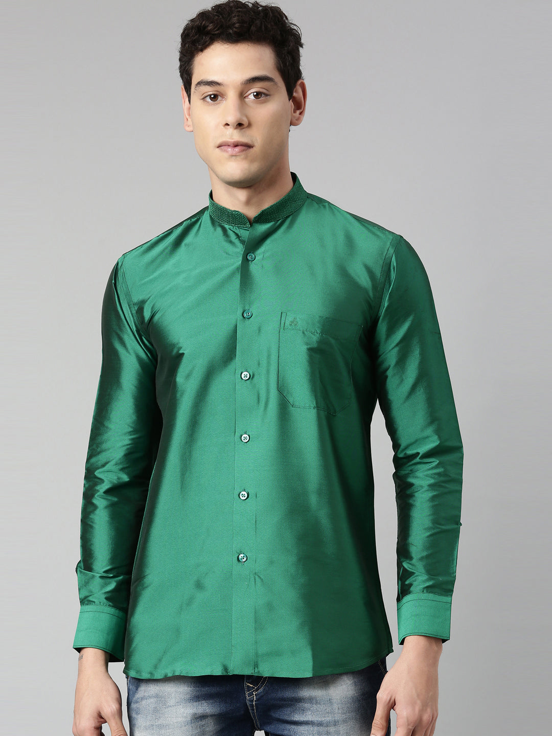 Buy Green Color Art Silk Slim Fit Solid Party Shirt - Tattva.Life