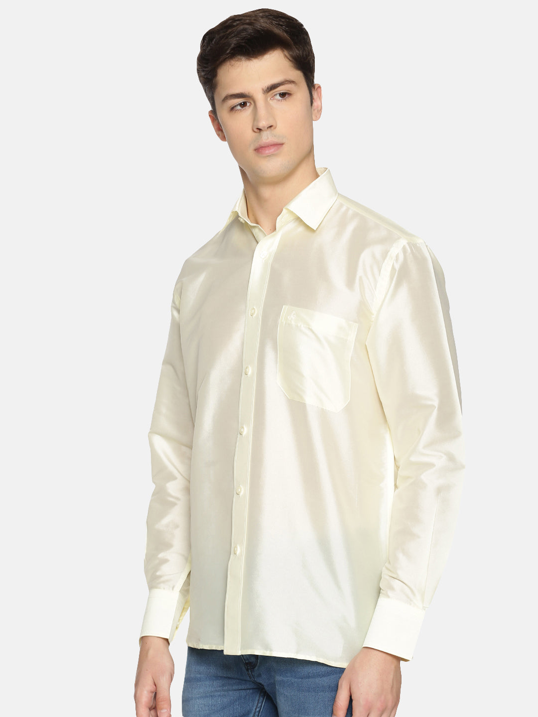 Cream-Colored Polyester Slim Fit Solid Party Shirt