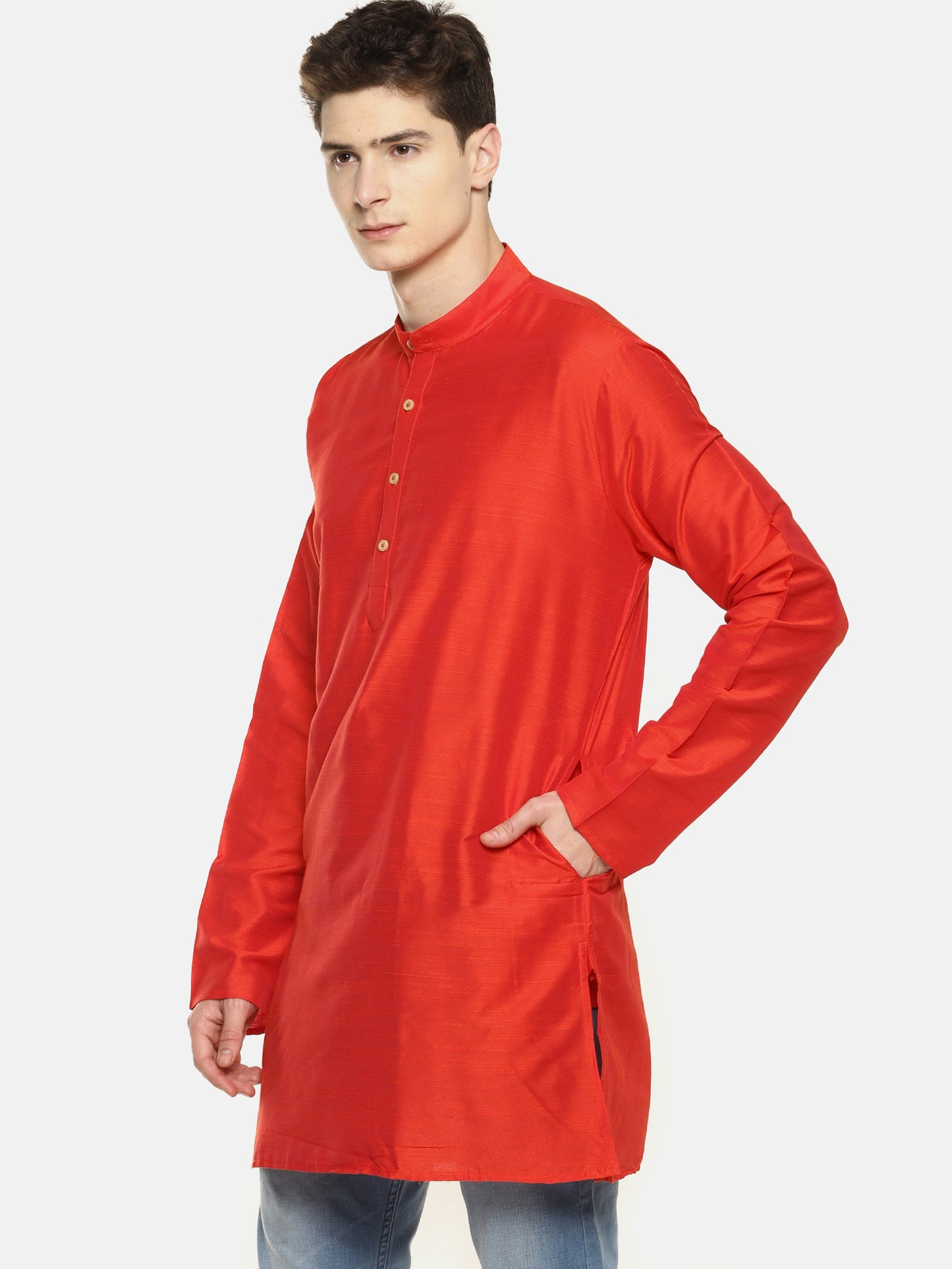 Red Cotton Solid Straight Short Kurta