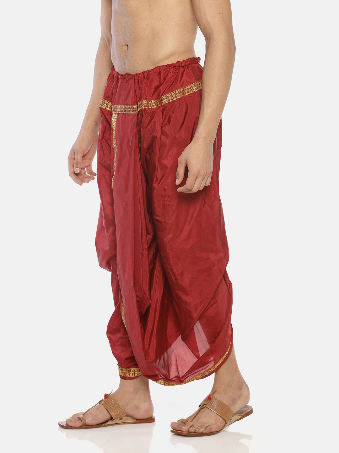 Red Solid Polyester Stitched Dhoti Pants With Shawl