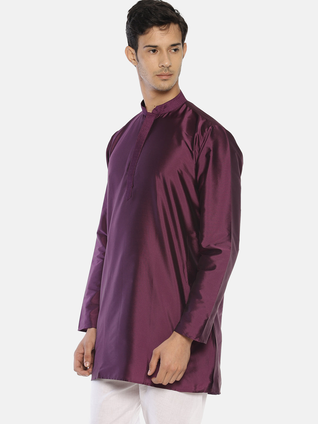 Purple Polyester Silk Solid Straight Short Kurta