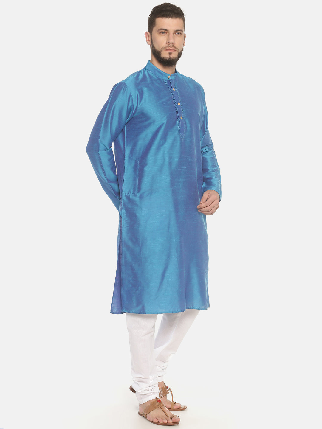 Sky Blue Cotton Kurta With White Pyjamas