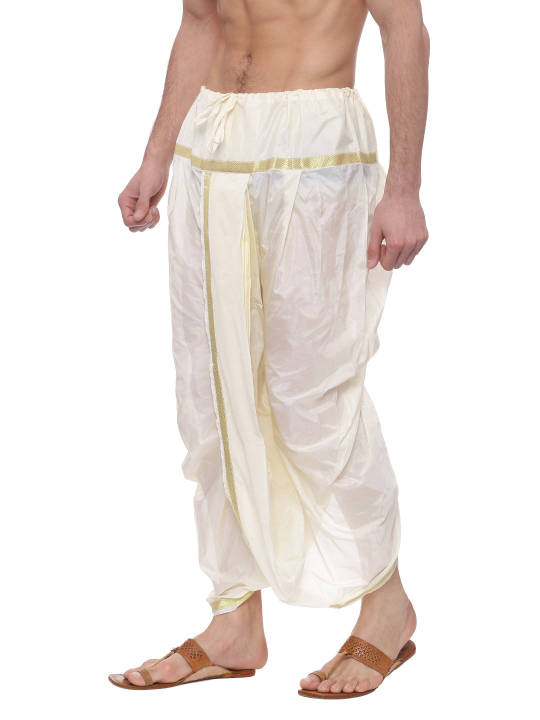 Cream Colored Solid Pure Silk Stitched Dhoti Pants With Shawl