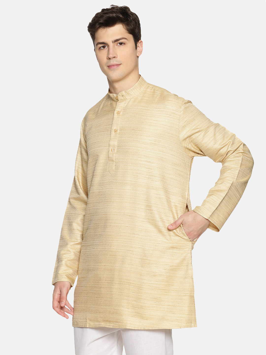 Beige Cotton Solid Short Kurta