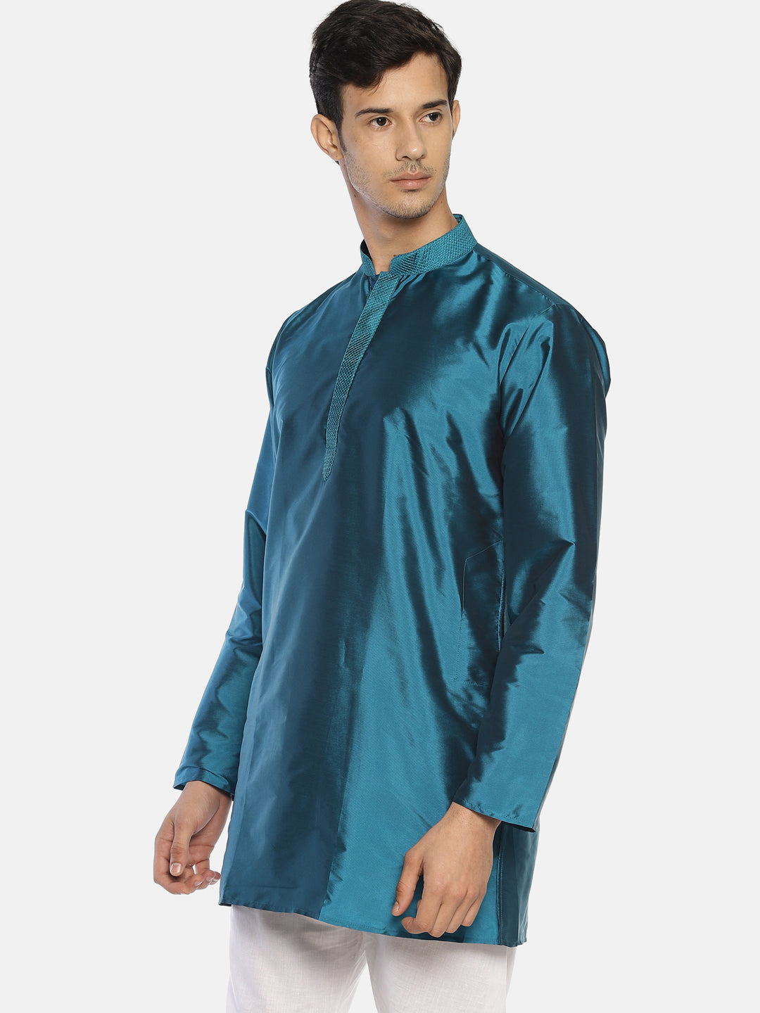 Turquoise Polyester Silk Solid Straight Short Kurta