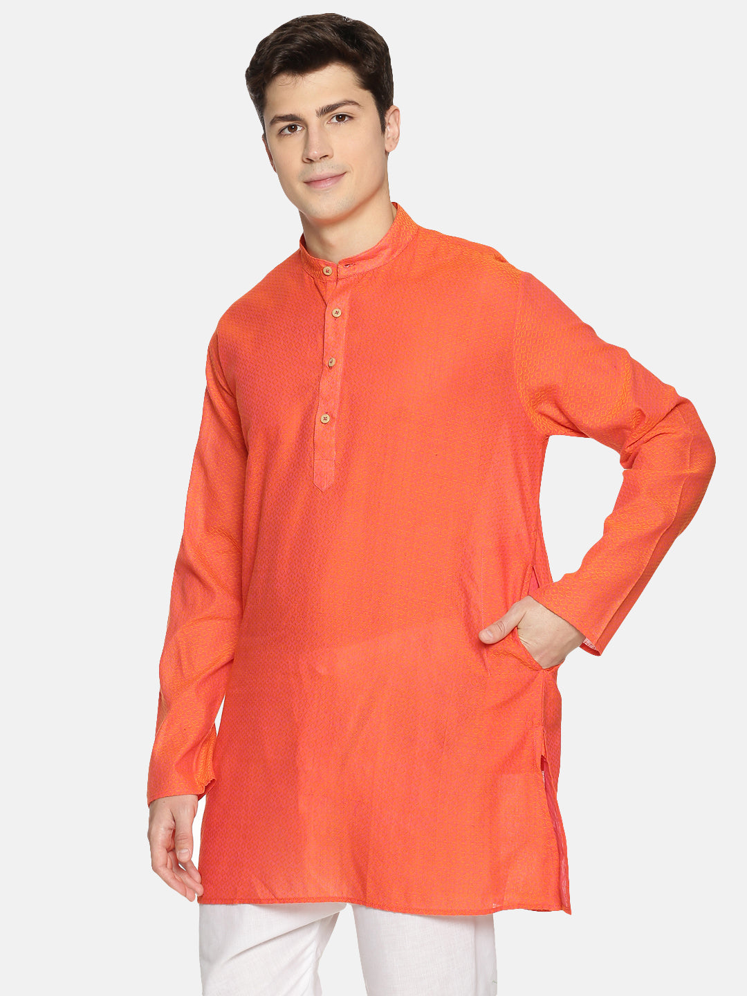 Orange Cotton Printed Straight Short Kurta