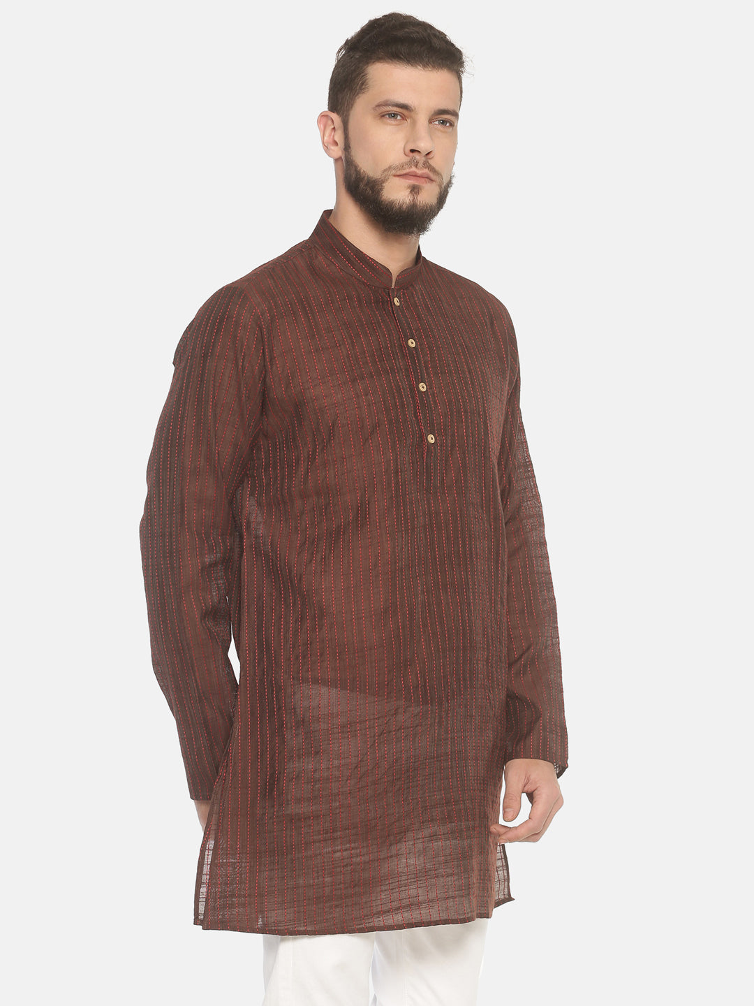 Brown Cotton Striped Straight Short Kurta