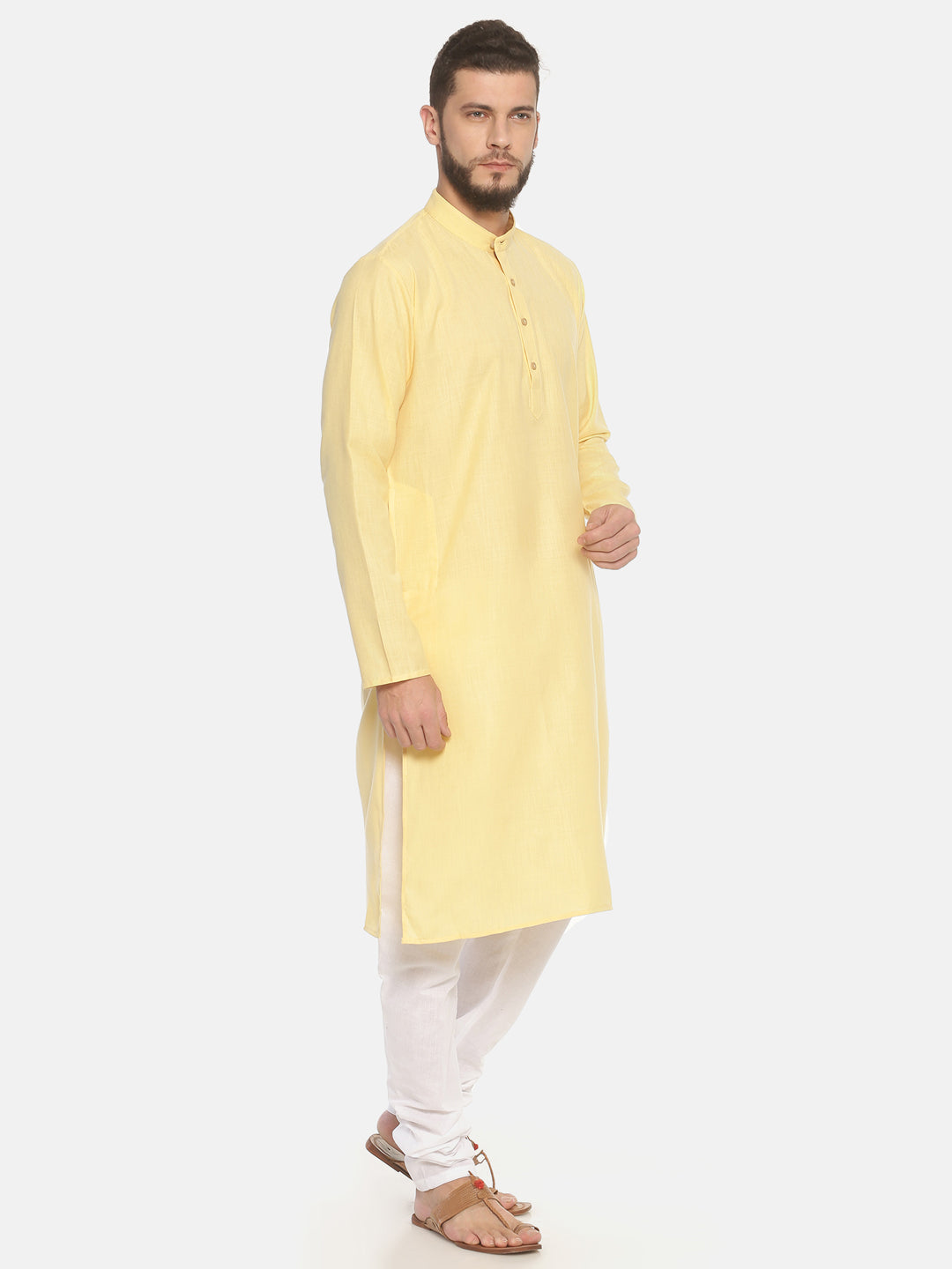 Yellow Cotton Long Kurta With Pajamas