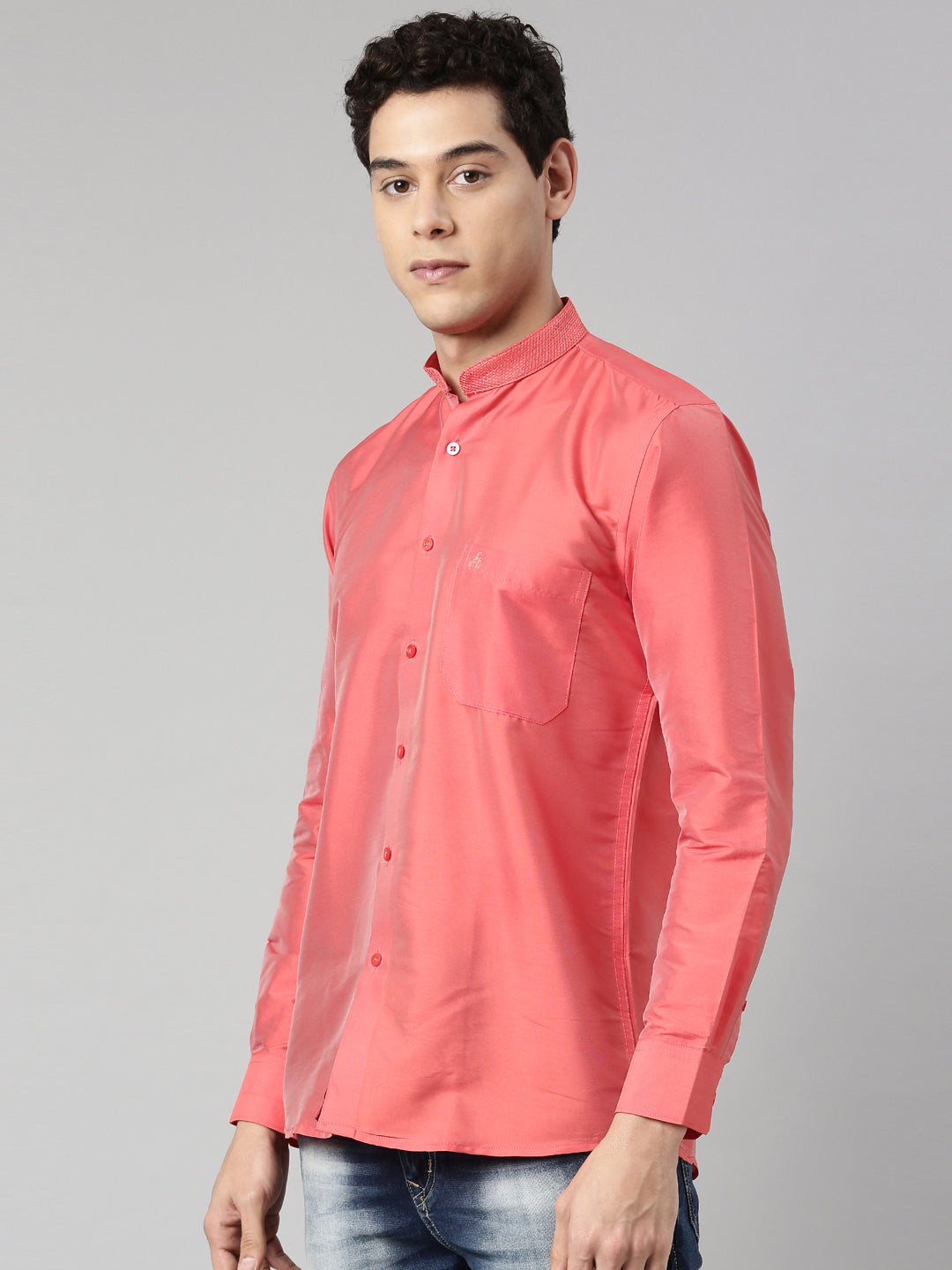 Peach Color Art Silk Slim Fit Solid Party Shirt