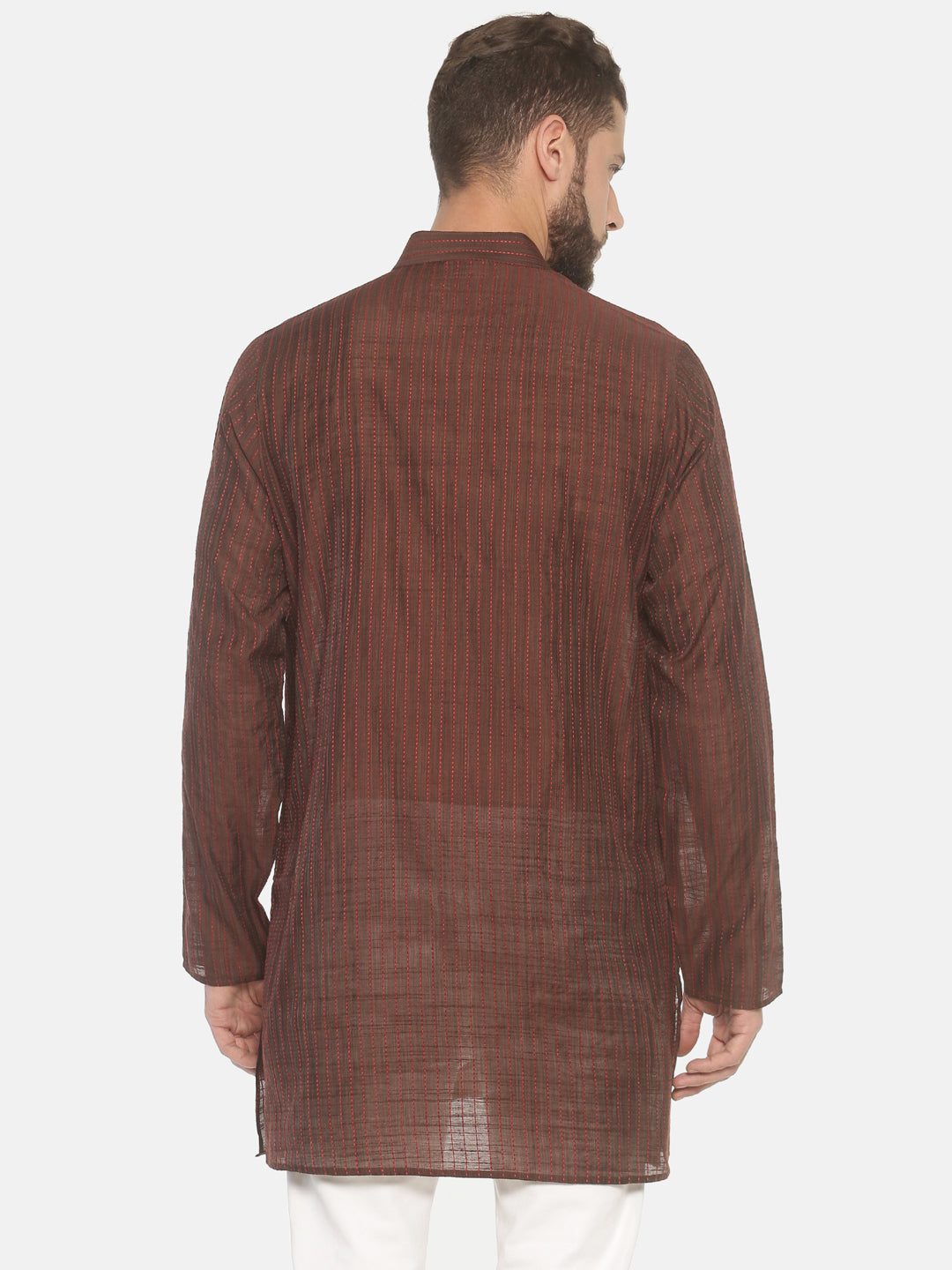 Brown Cotton Striped Straight Short Kurta