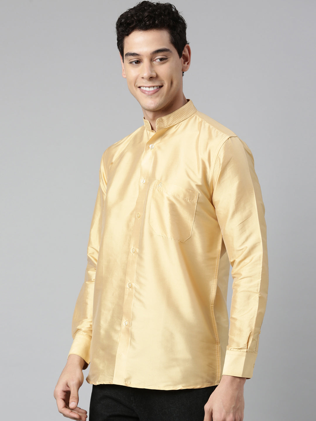 Skin Color Art Silk Slim Fit Solid Party Shirt