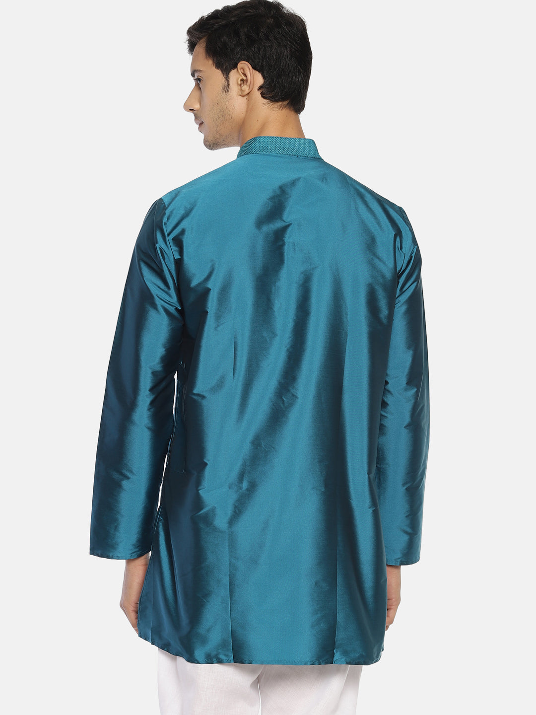 Turquoise Polyester Silk Solid Straight Short Kurta