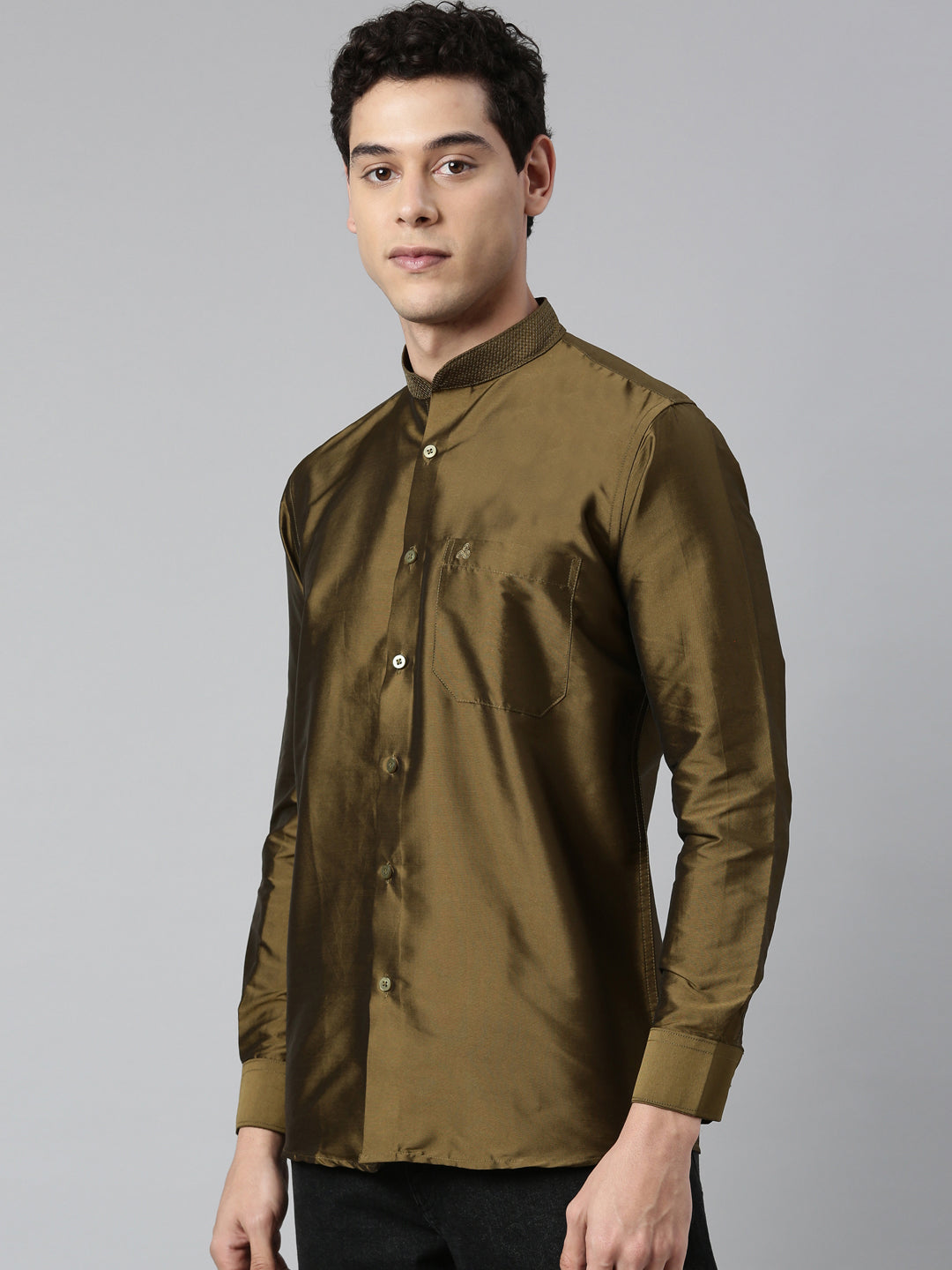 Olive Color Art Silk Slim Fit Solid Party Shirt