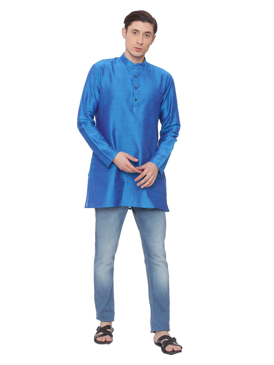 Blue Cotton Solid Straight Short Kurta