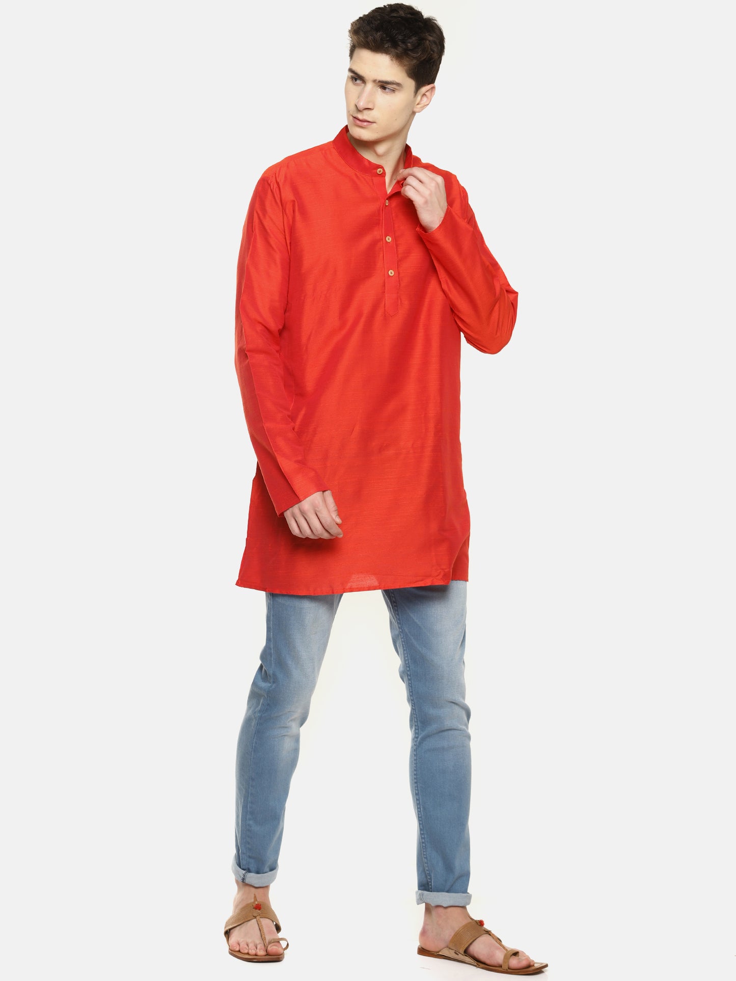 Red Cotton Solid Straight Short Kurta