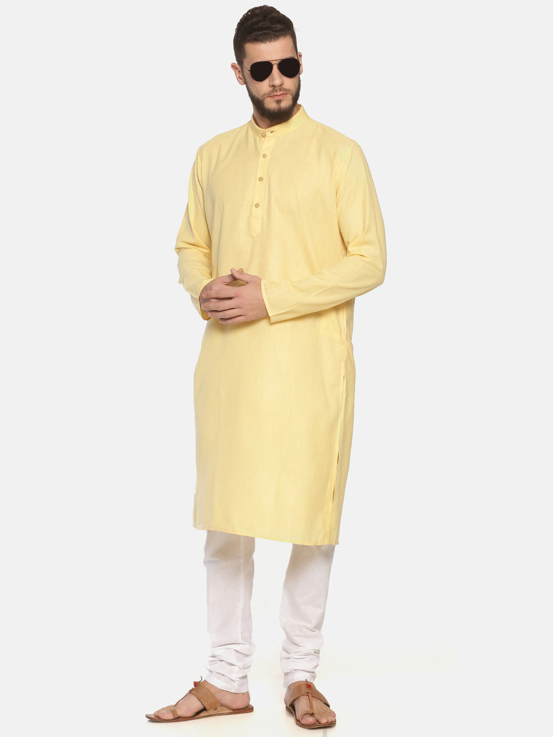 Yellow Cotton Long Kurta With Pajamas