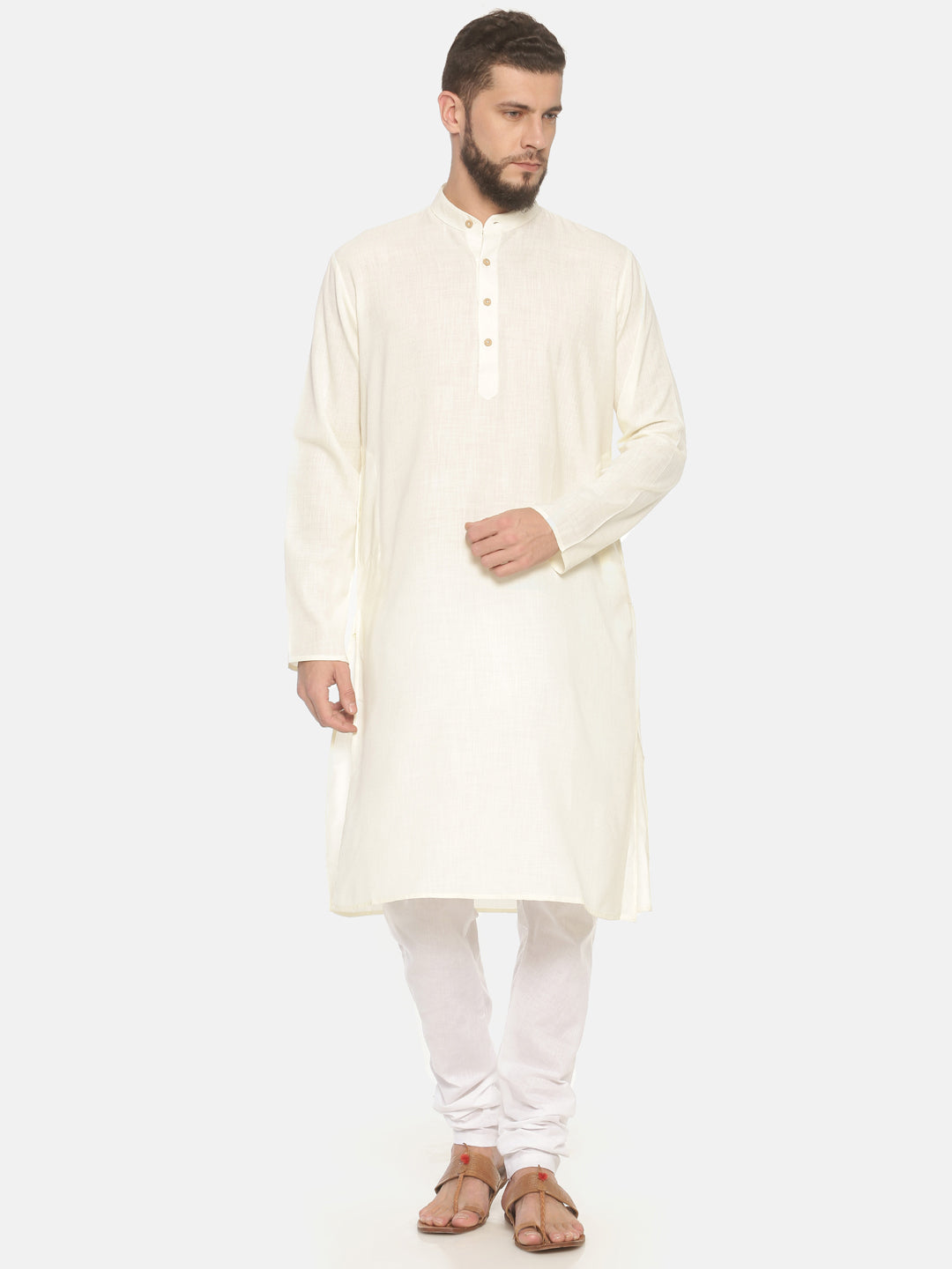 Cream-Colored Cotton Solid Long Kurta