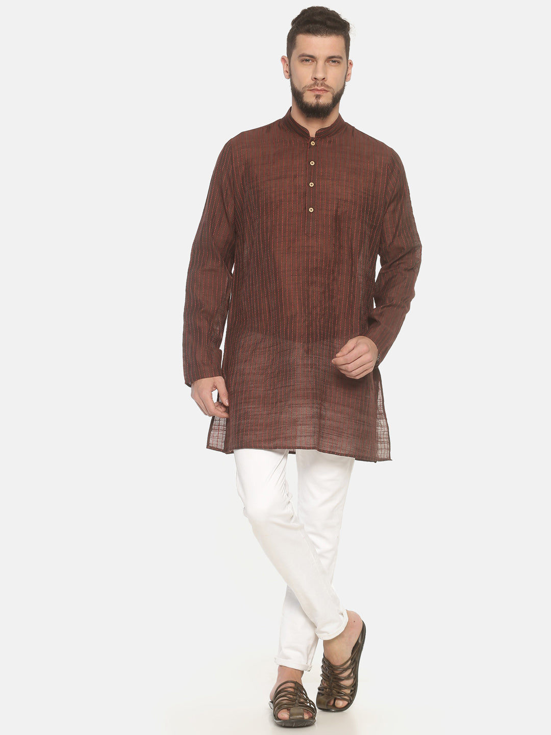 Brown Cotton Striped Straight Short Kurta