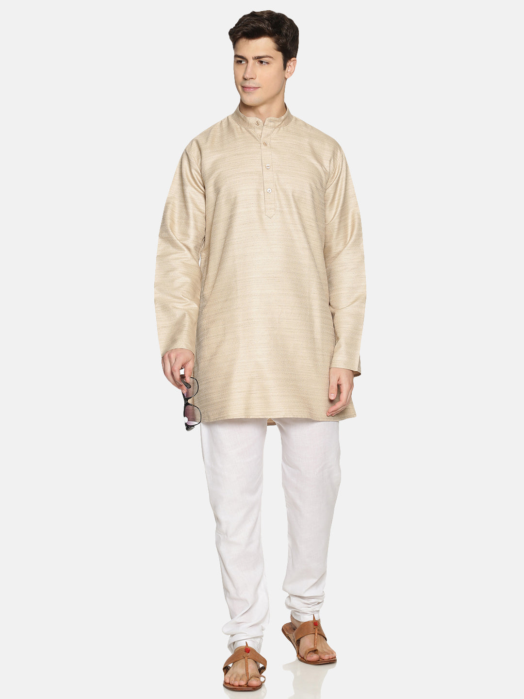 Beige Cotton Solid Straight Kurta