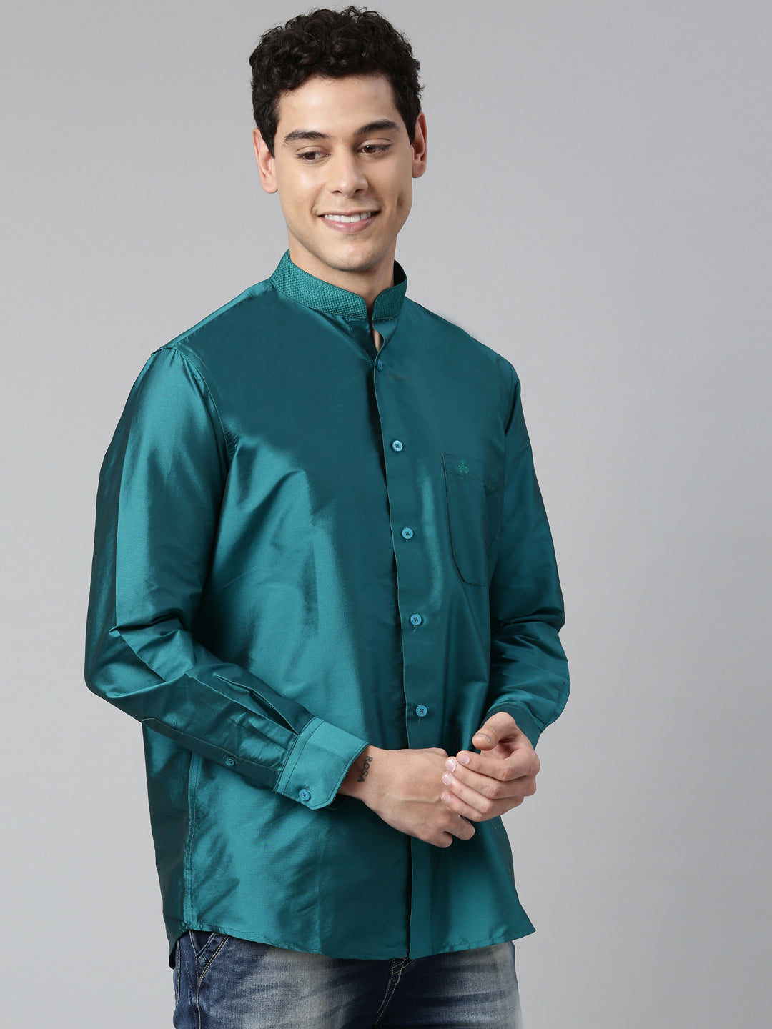 Sea Green Color Art Silk Slim Fit Solid Party Shirt