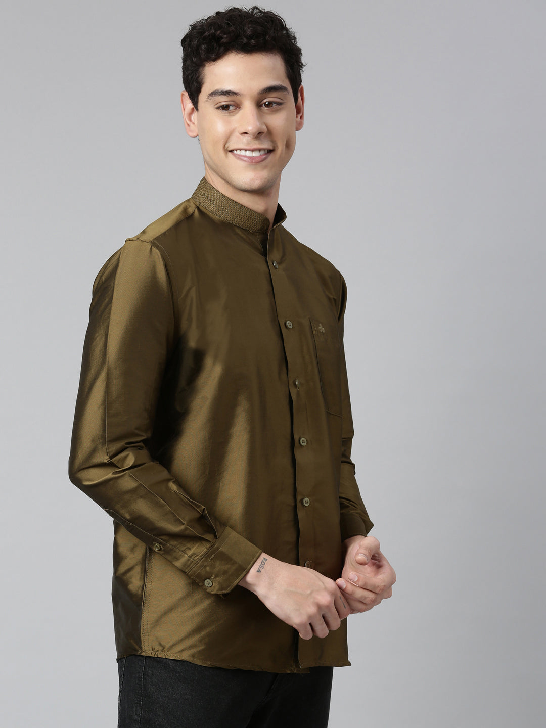Olive Color Art Silk Slim Fit Solid Party Shirt