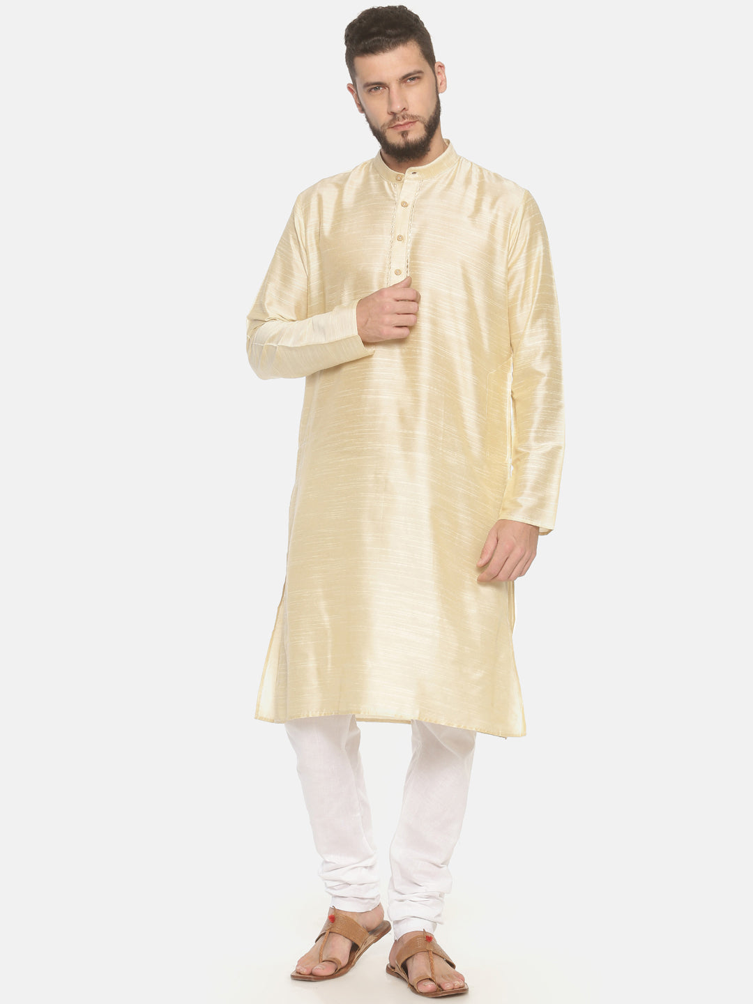 Beige Cotton Long Kurta With Pyjamas