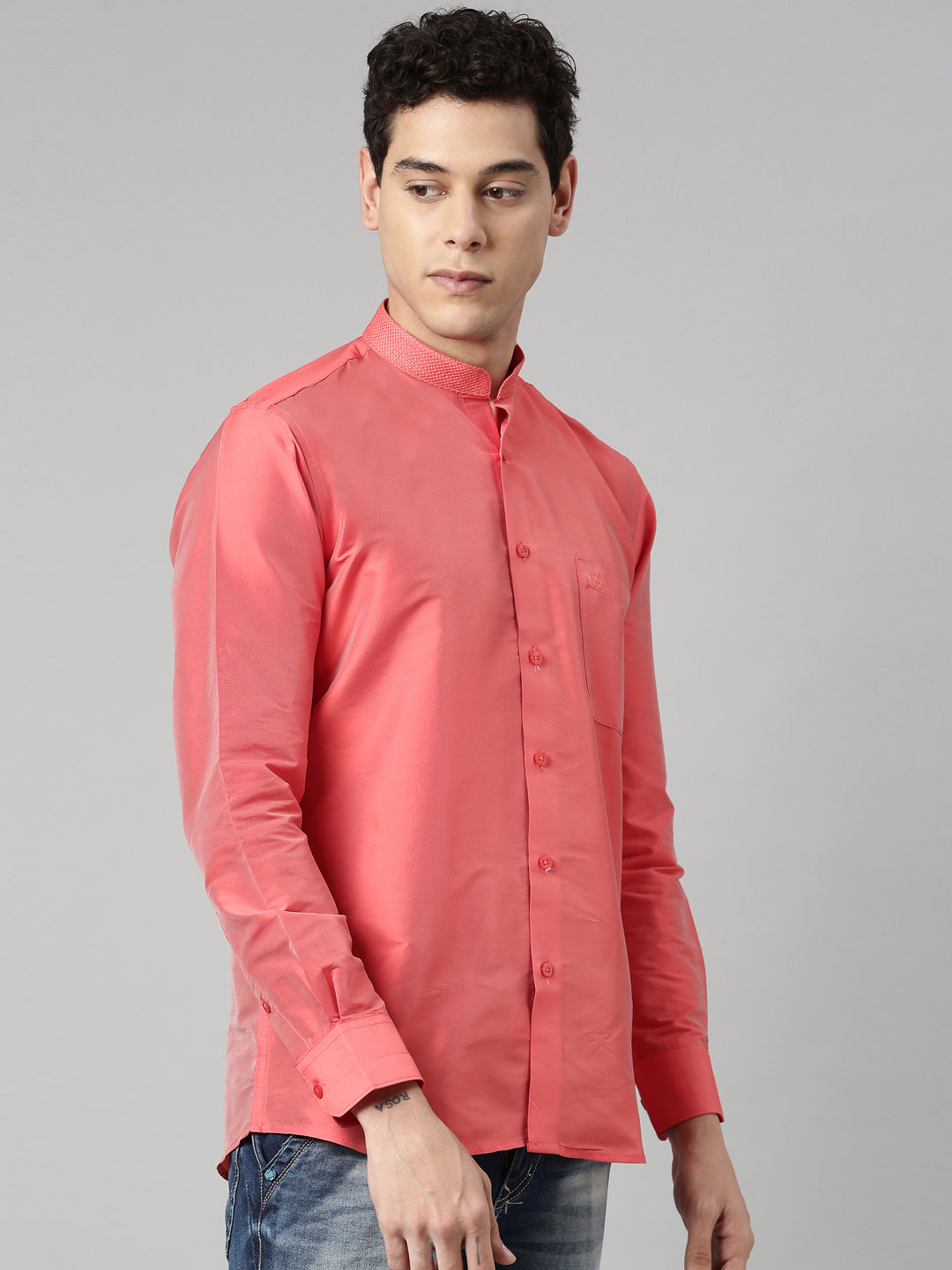 Peach Color Art Silk Slim Fit Solid Party Shirt