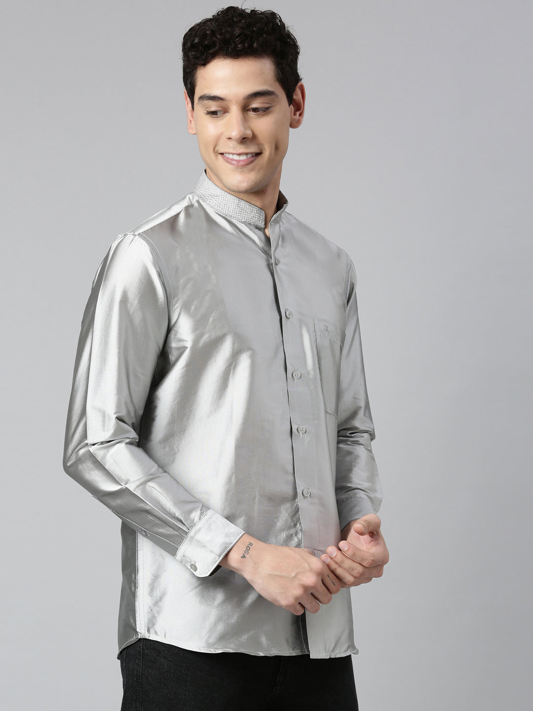Silver Color Art Silk Slim Fit Solid Party Shirt