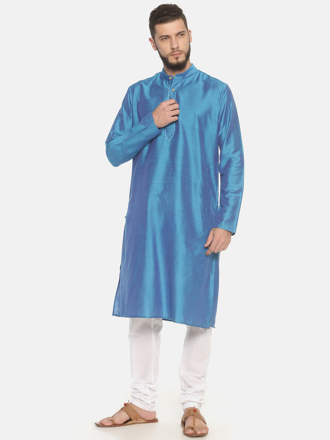 Sky Blue Cotton Kurta With White Pyjamas