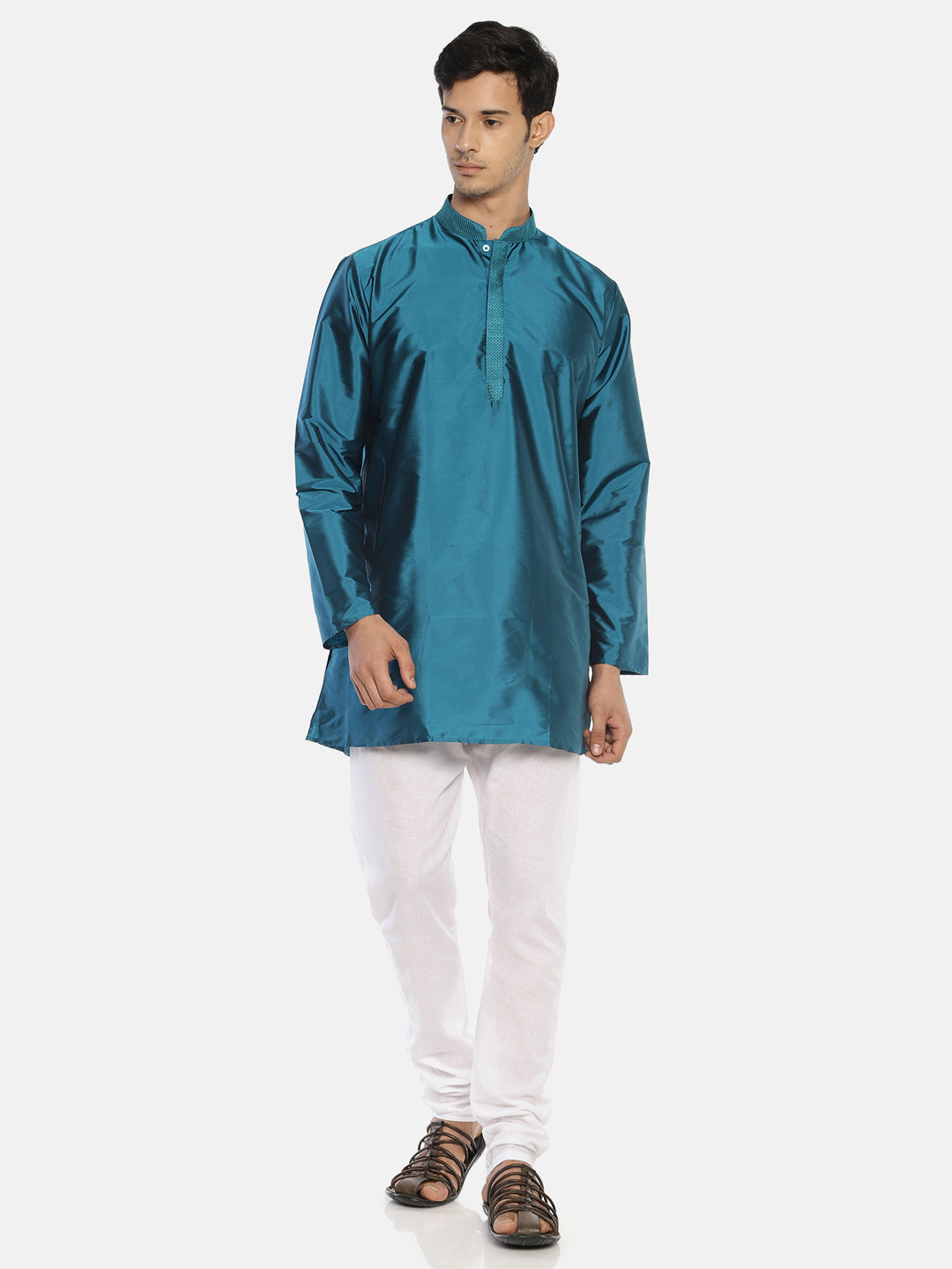 Turquoise Polyester Silk Solid Straight Short Kurta