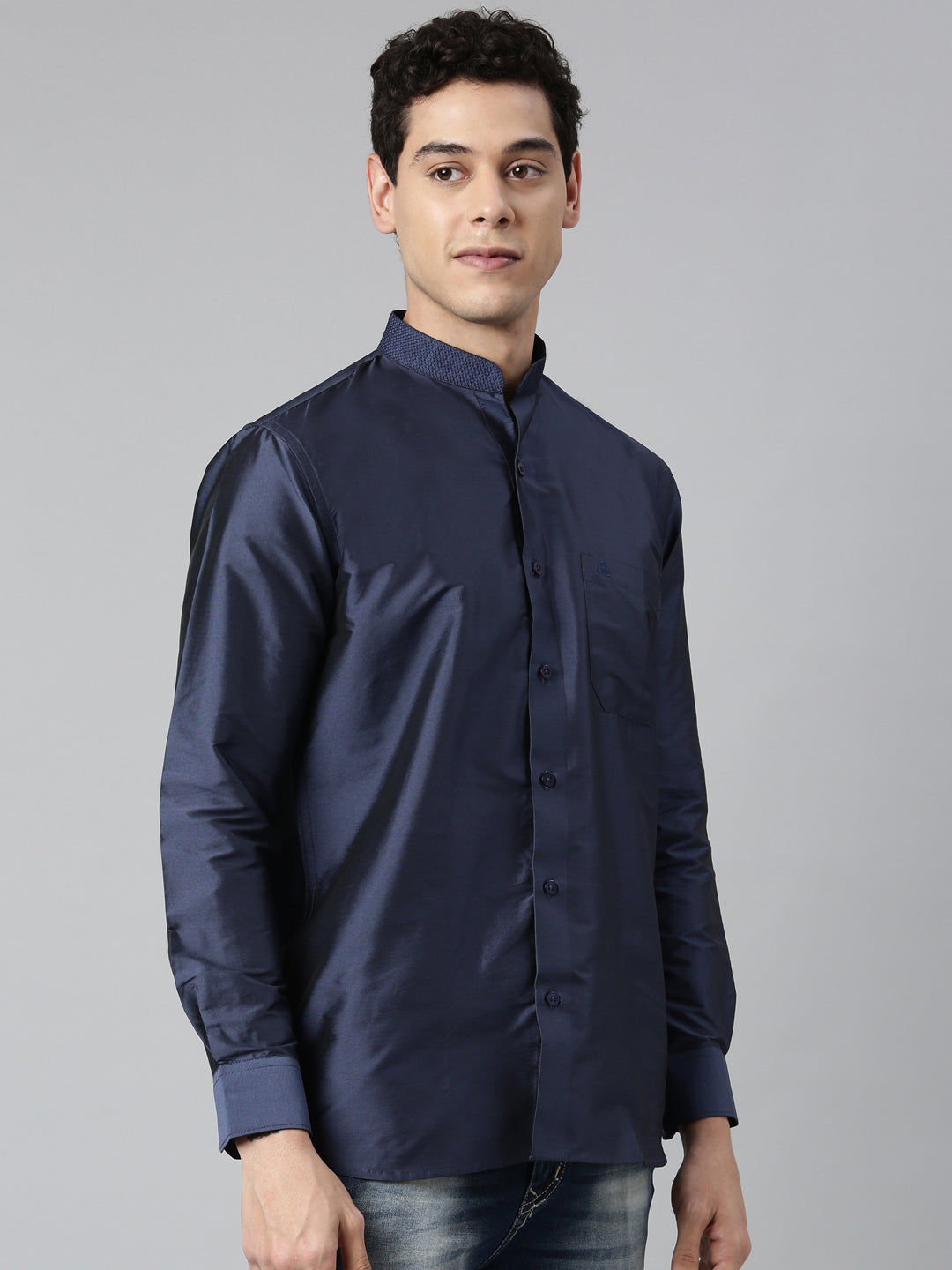 Navy Blue Color Art Silk Slim Fit Solid Party Shirt