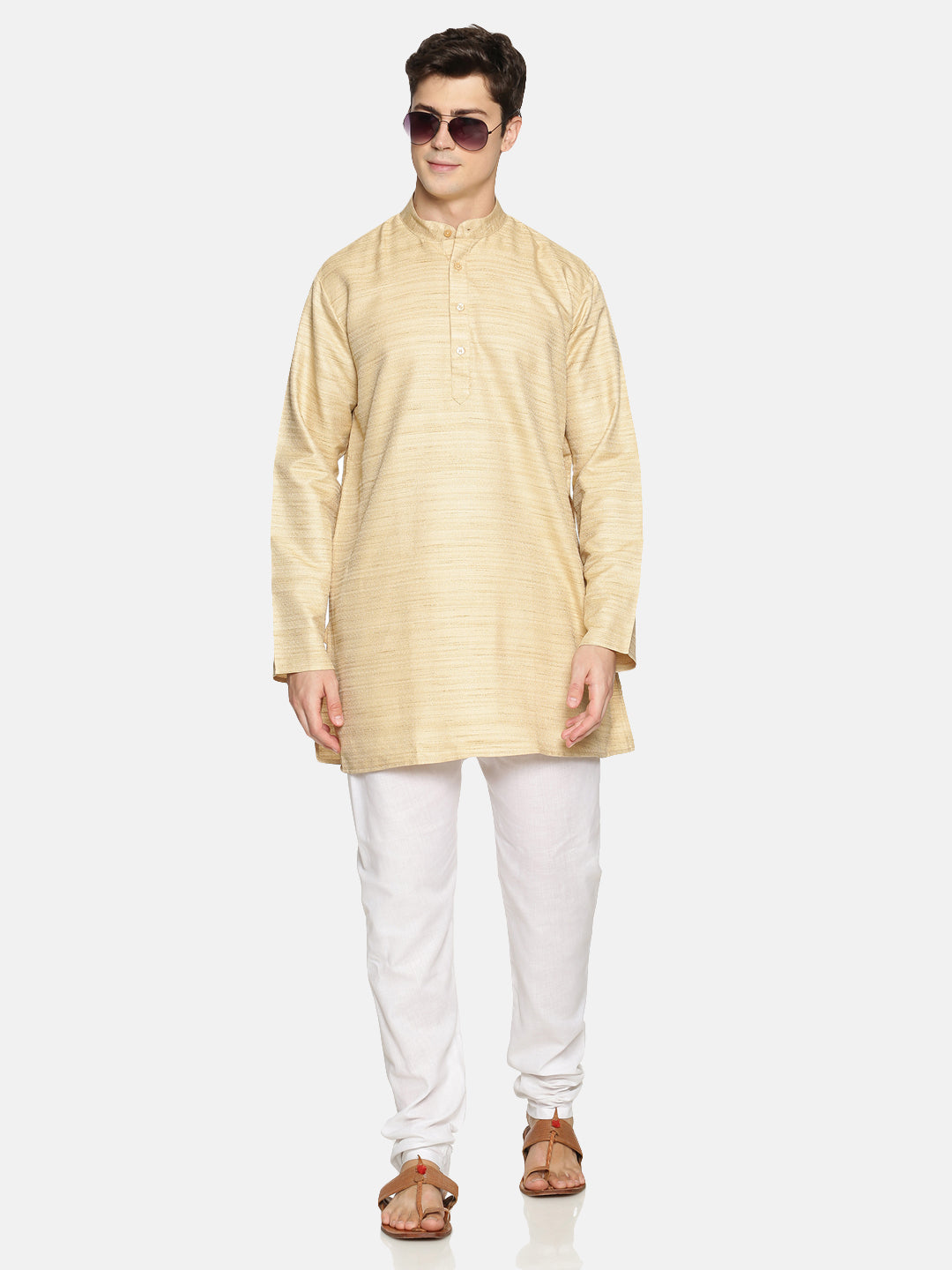 Beige Cotton Solid Short Kurta