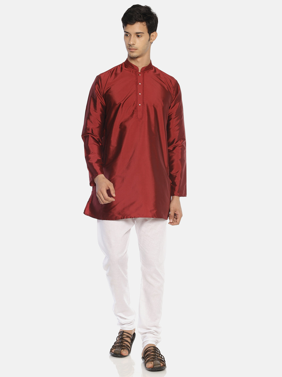 Maroon Polyester Silk Solid Straight Kurta