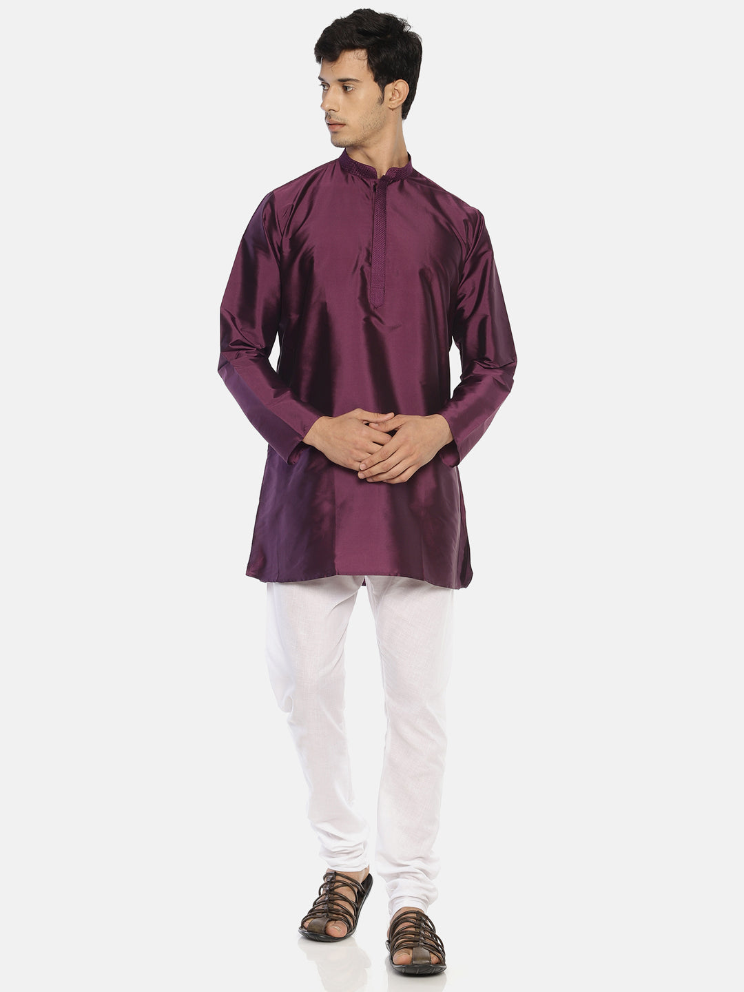 Purple Polyester Silk Solid Straight Short Kurta