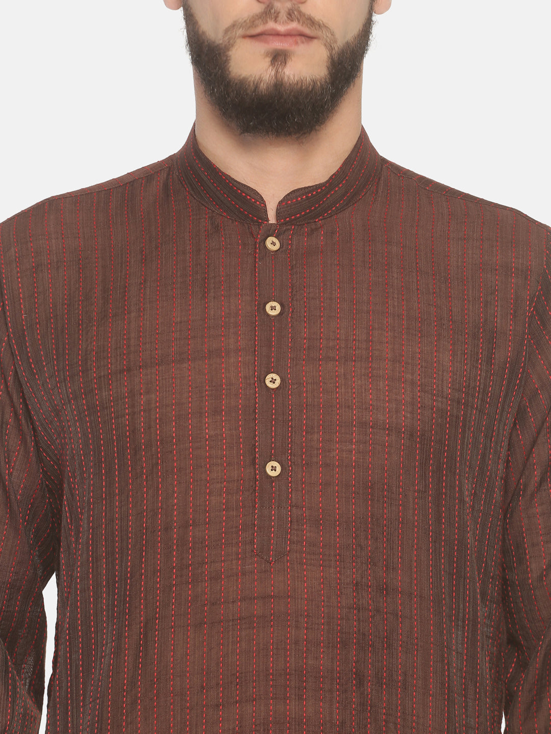 Brown Cotton Striped Straight Short Kurta