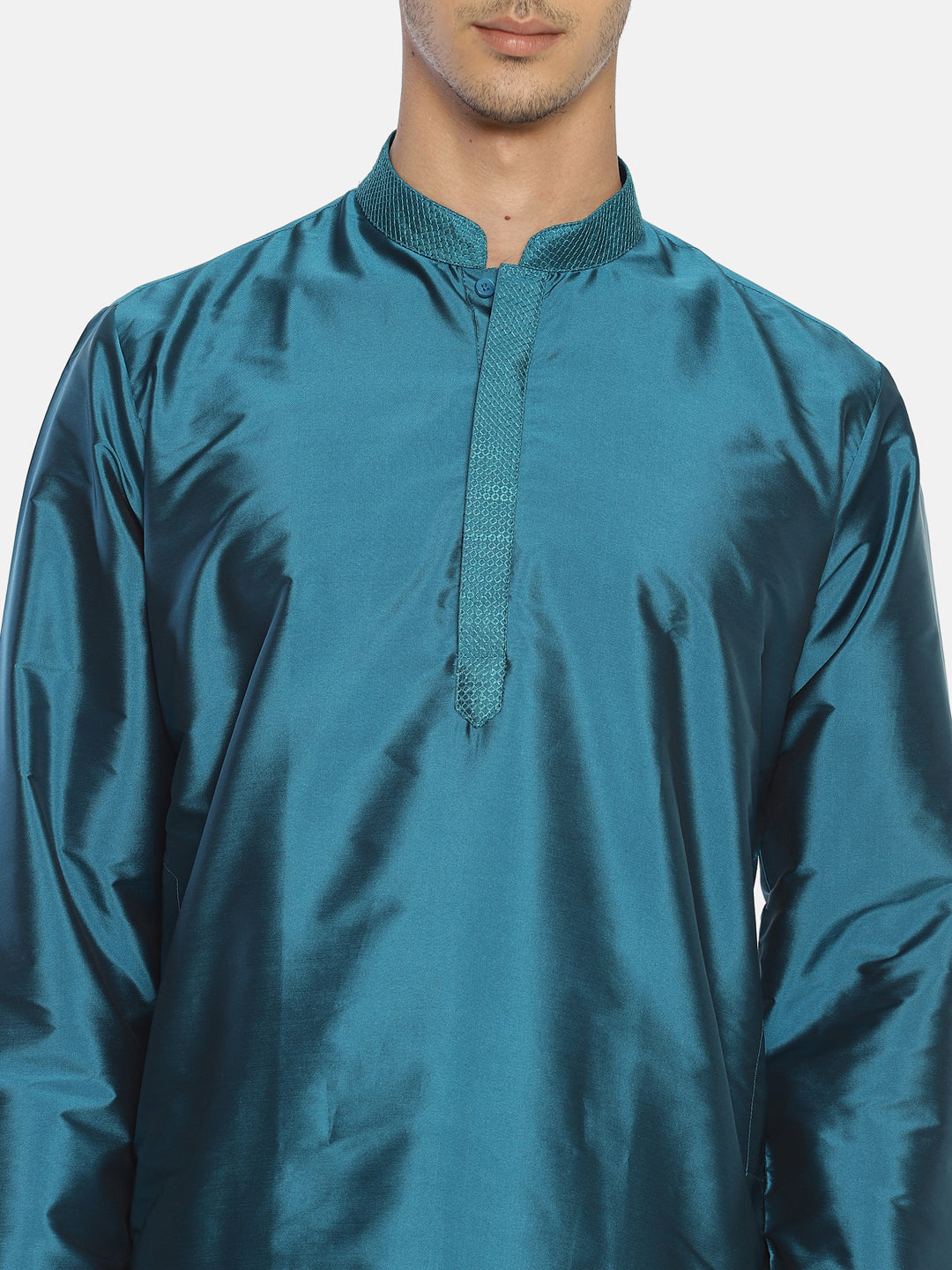 Turquoise Polyester Silk Solid Straight Short Kurta