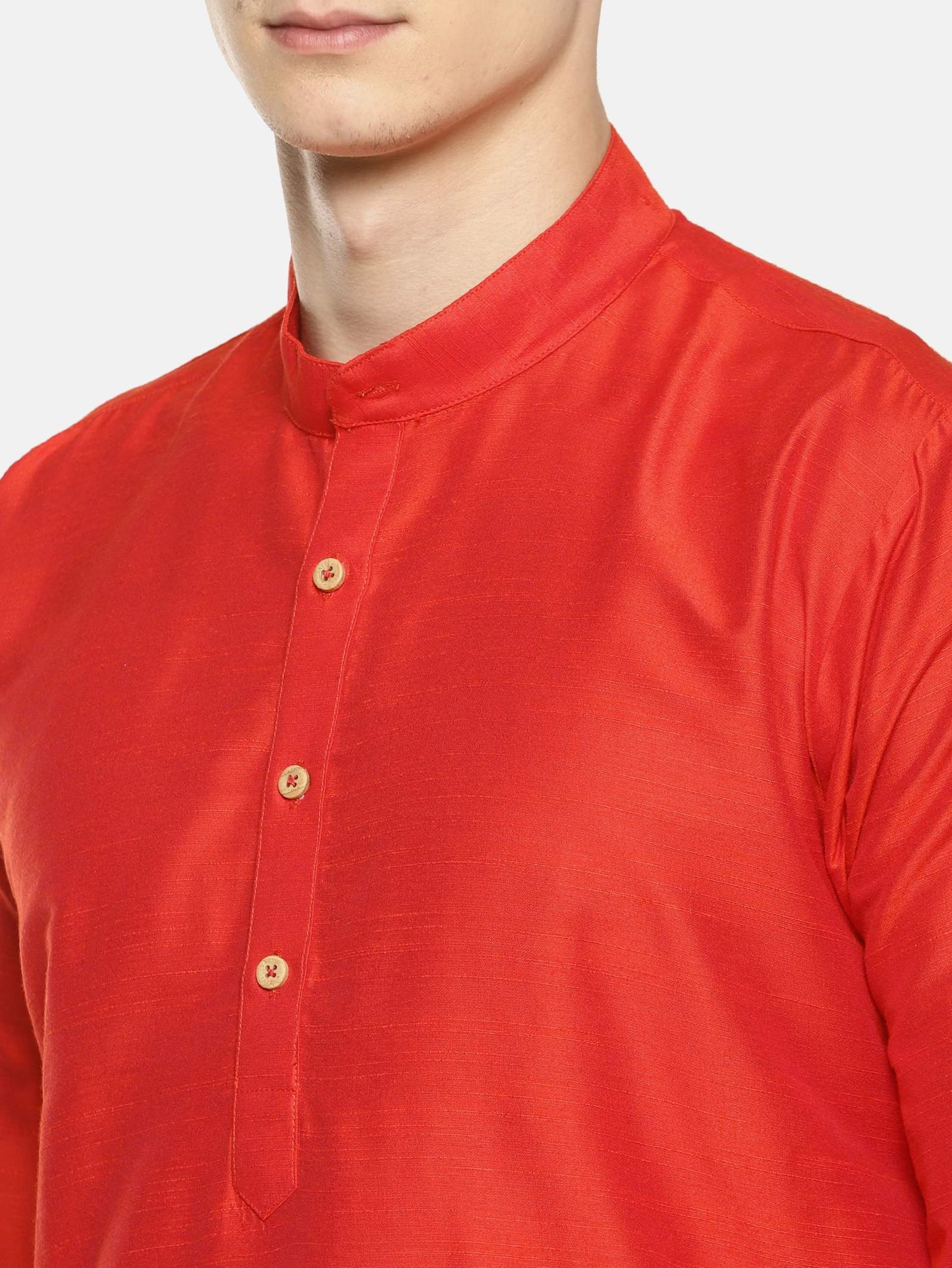 Red Cotton Solid Straight Short Kurta