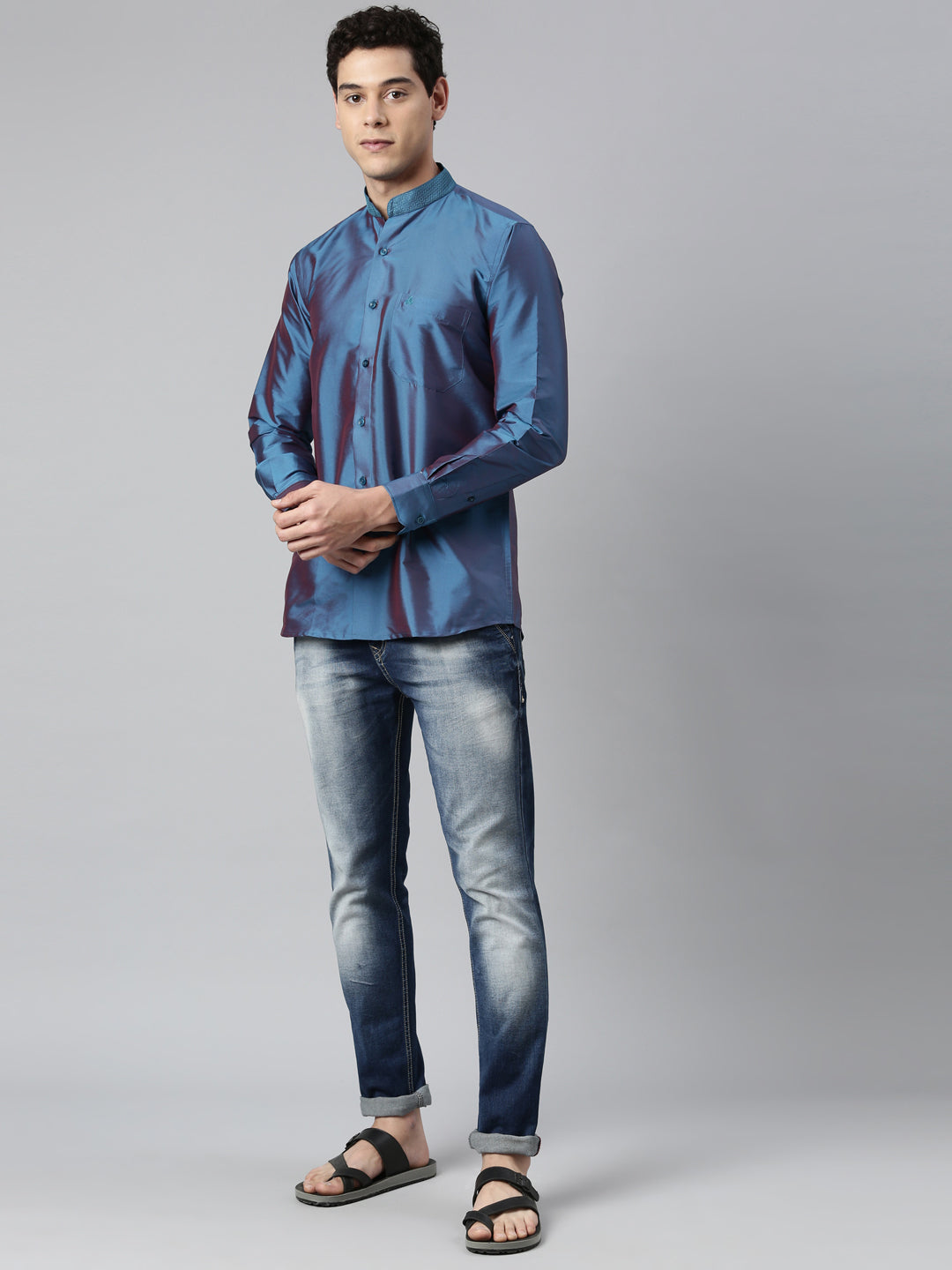 Blue Color Art Silk Slim Fit Solid Party Shirt