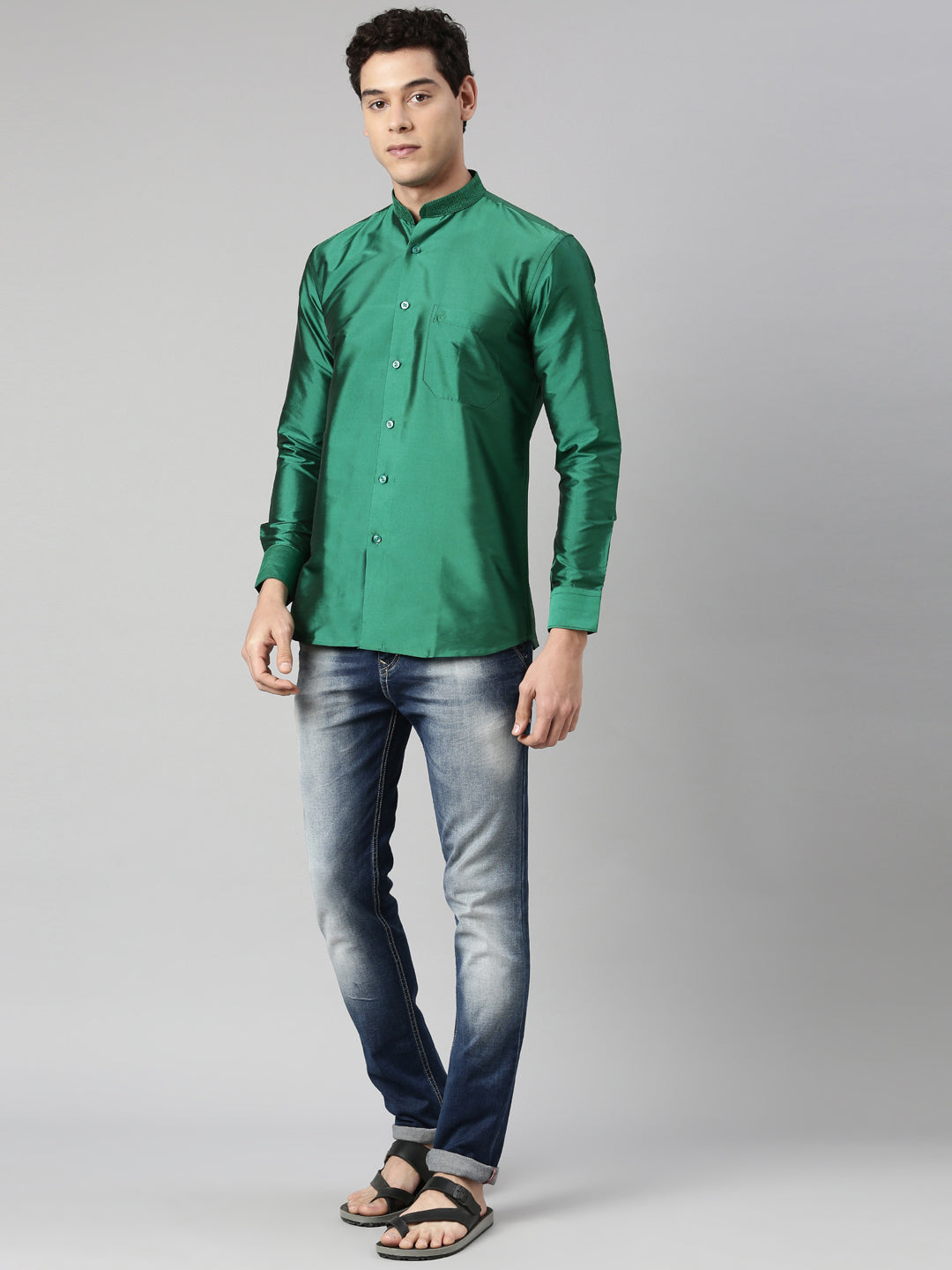 Green Color Art Silk Slim Fit Solid Party Shirt