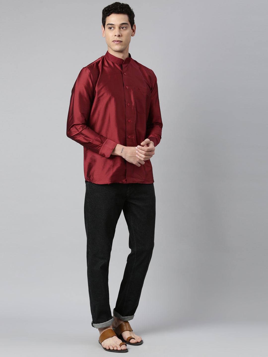 Maroon Color Art Silk Slim Fit Solid Party Shirt