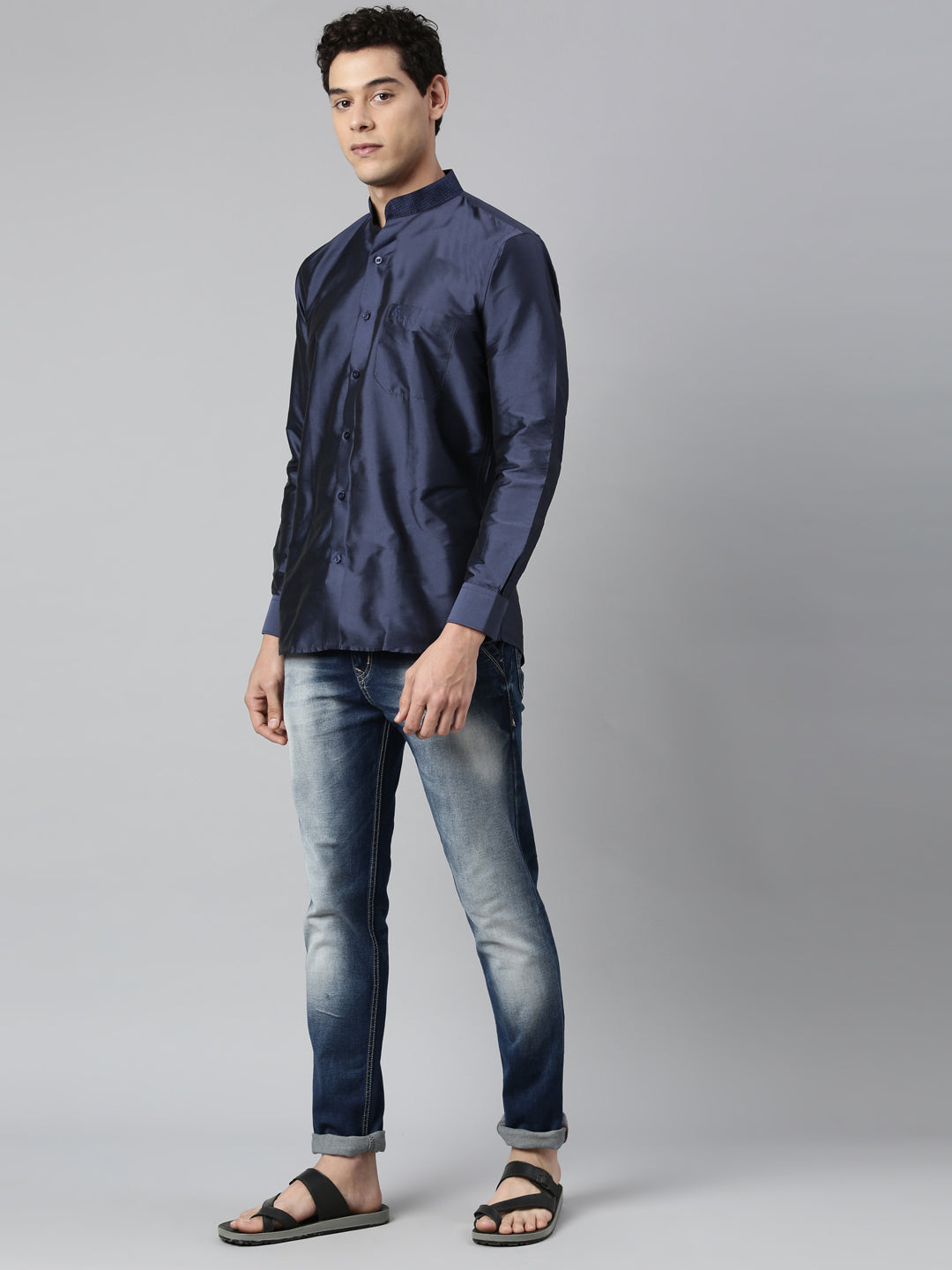 Navy Blue Color Art Silk Slim Fit Solid Party Shirt