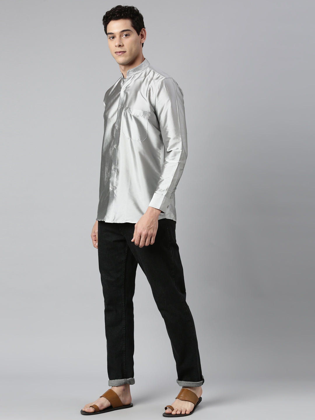 Silver Color Art Silk Slim Fit Solid Party Shirt