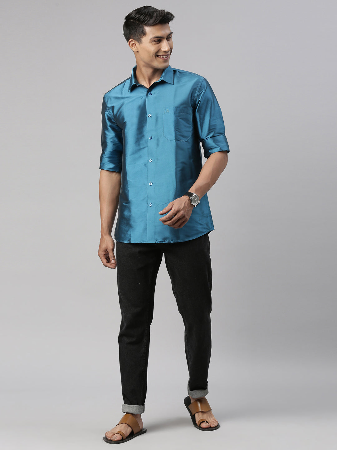 Tattva Mens Blue Colour Solid Party Shirt